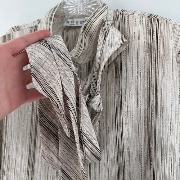 Vintage RUSS USA Brown & Cream Stripe Tie Neck Button Up Blouse Size 12 - Picture 4 of 13